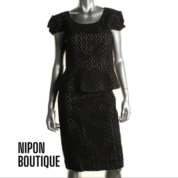 Nipon Boutique NEW Black Lined Eyelet Peplum Cap Sleeve 2-PC Skirt Outfit, 8 - Picture 1 of 1